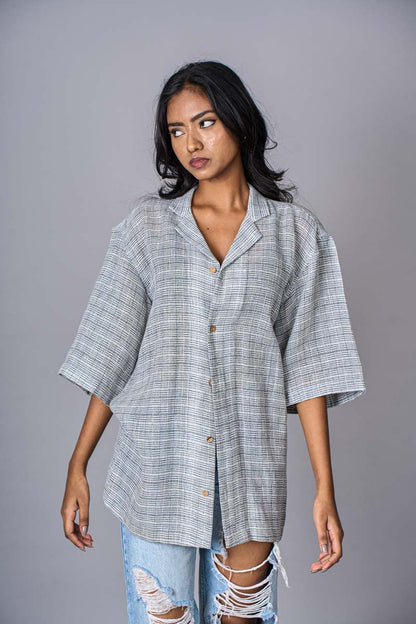 Ruksh: Jute Cotton Stone Grey Shirt for women