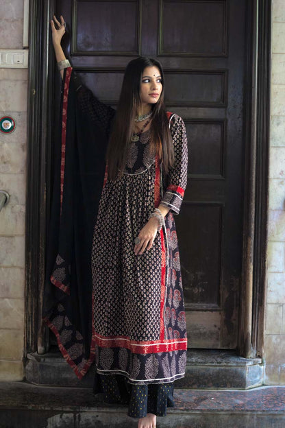 Choora - Black Long Kurta with Hand block design 