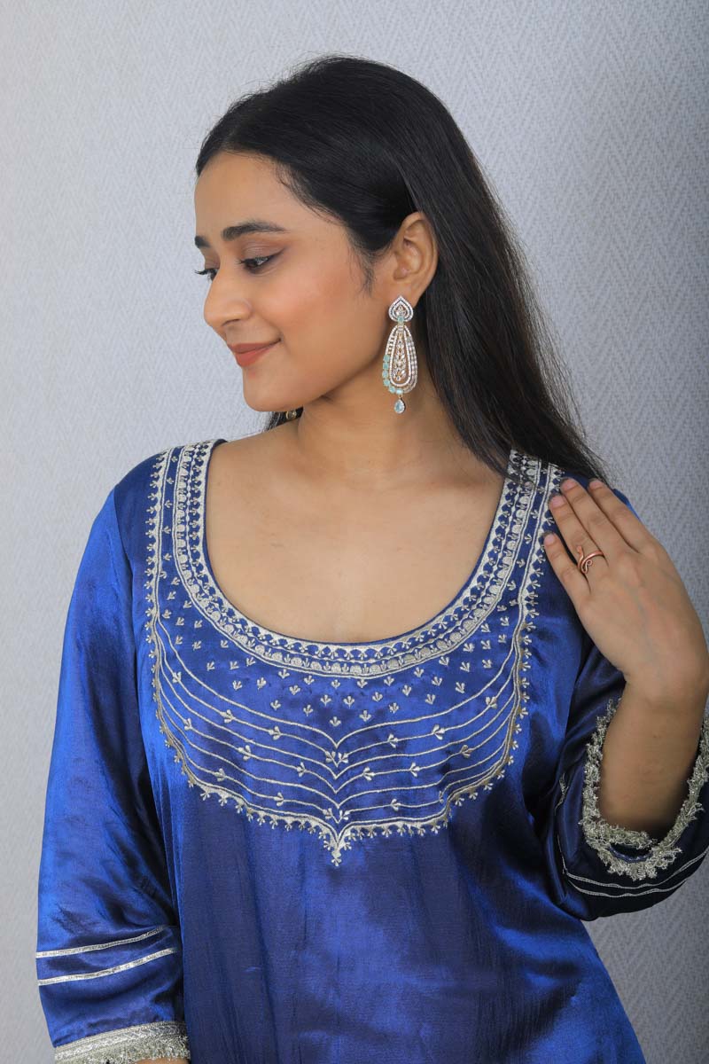 Blue Strappy Indian Traditional Short Kurta set with a hand embroidery
