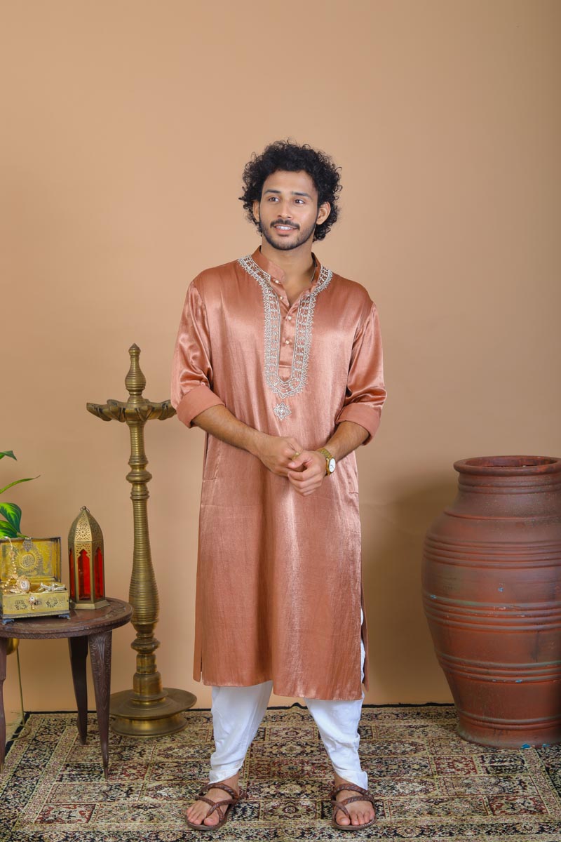 Men's traditional brown kurta  set with hand embroidery