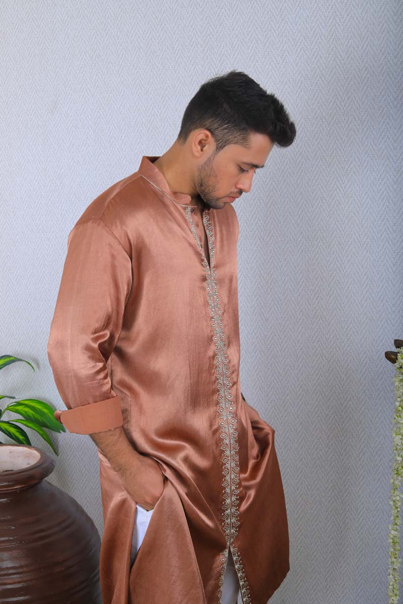 Brown Indian traditional kurta with hand embroidery