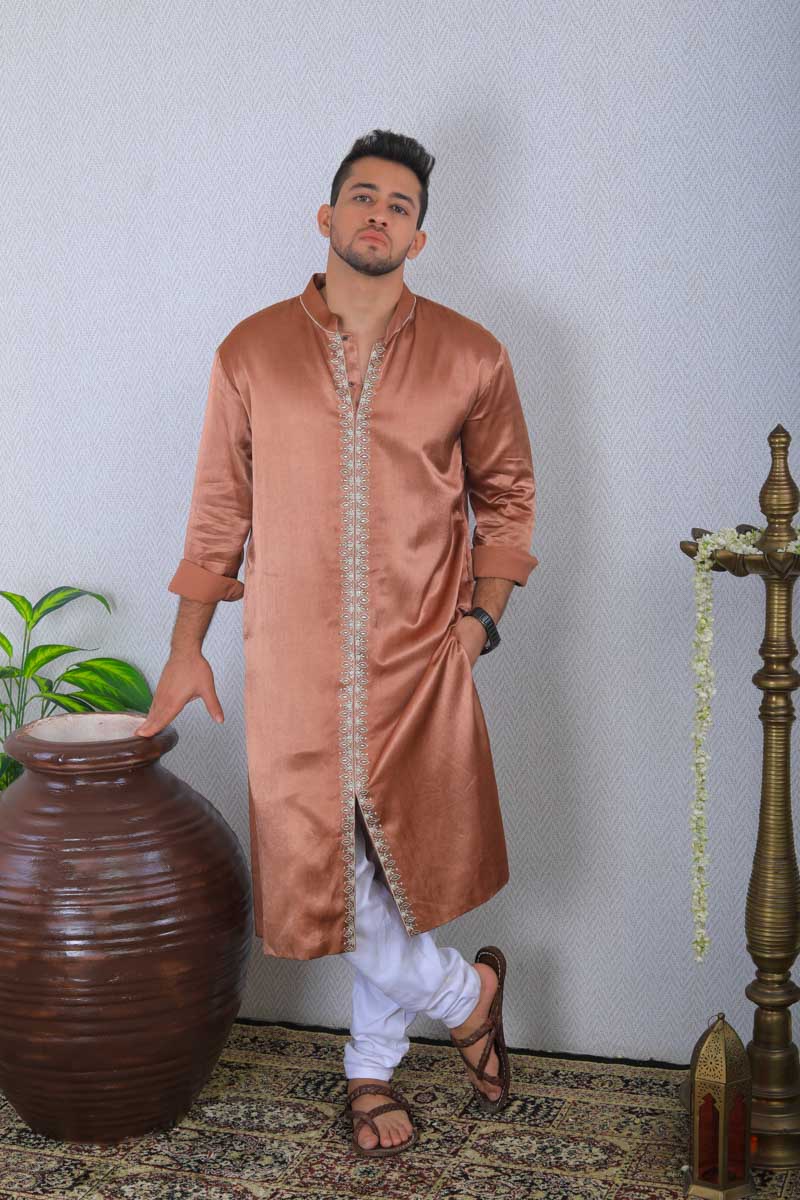 Brown Indian traditional kurta with hand embroidery for men