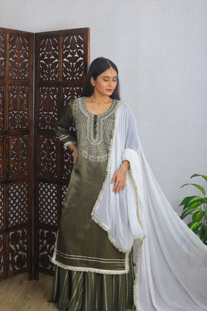 Olive Long Indian Traditional Kurta Set with a white dupatta