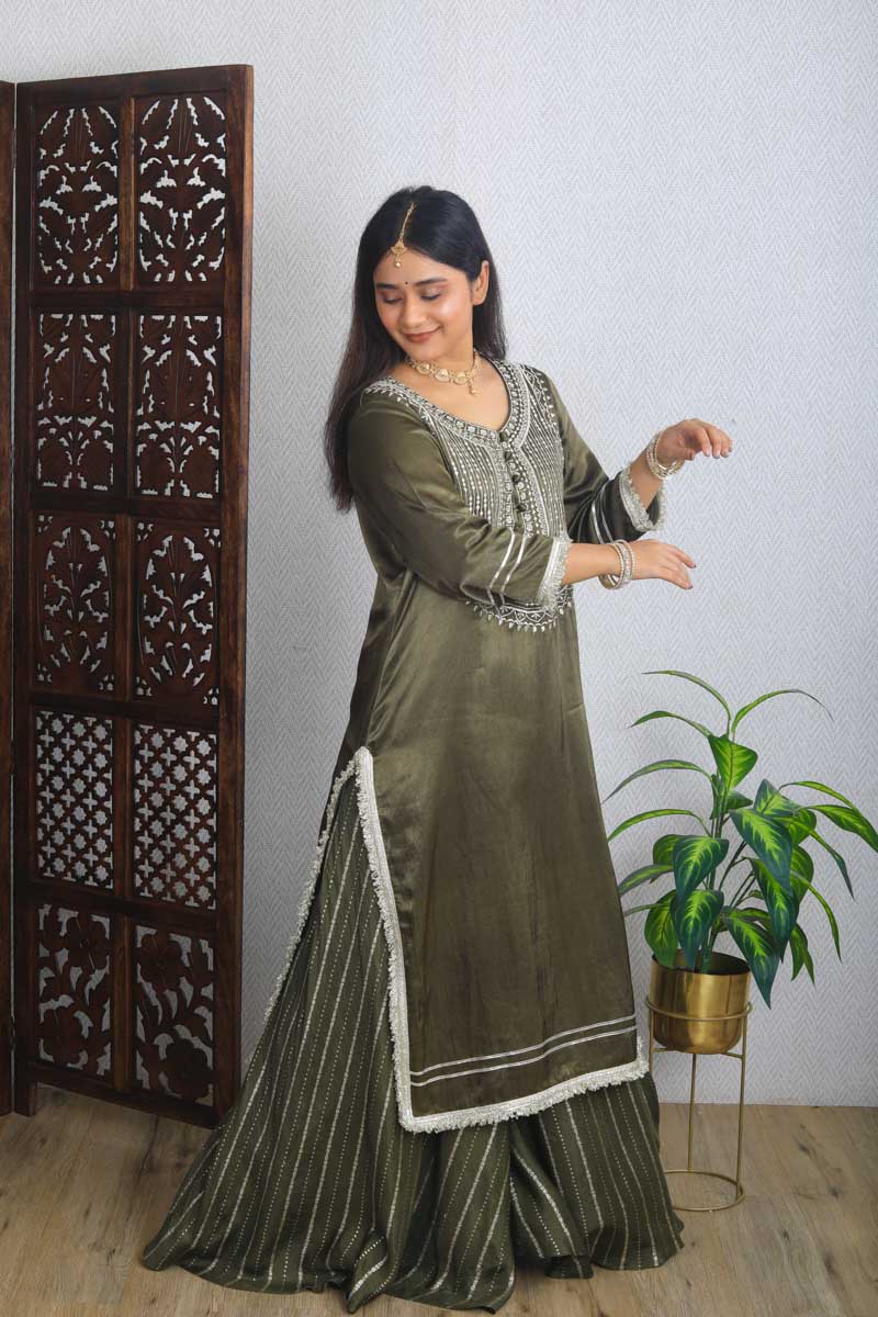 Olive Long Indian Traditional Kurta Set 