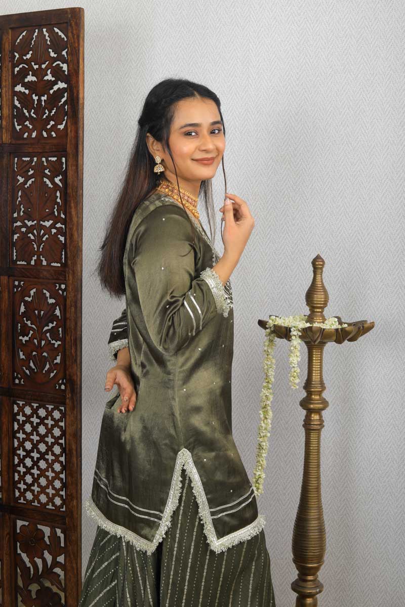 Olive Short Indian Traditional Kurta Set with a Olive strappy palazzo
