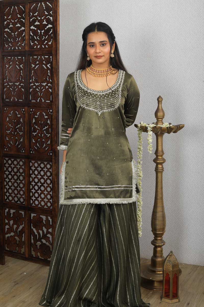 Olive Strappy Indian Traditional Outfit which is perfect for ethnic occasions.