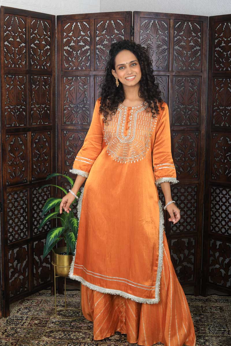Orange Indian Traditional Kurta with a hand embroidery for women
