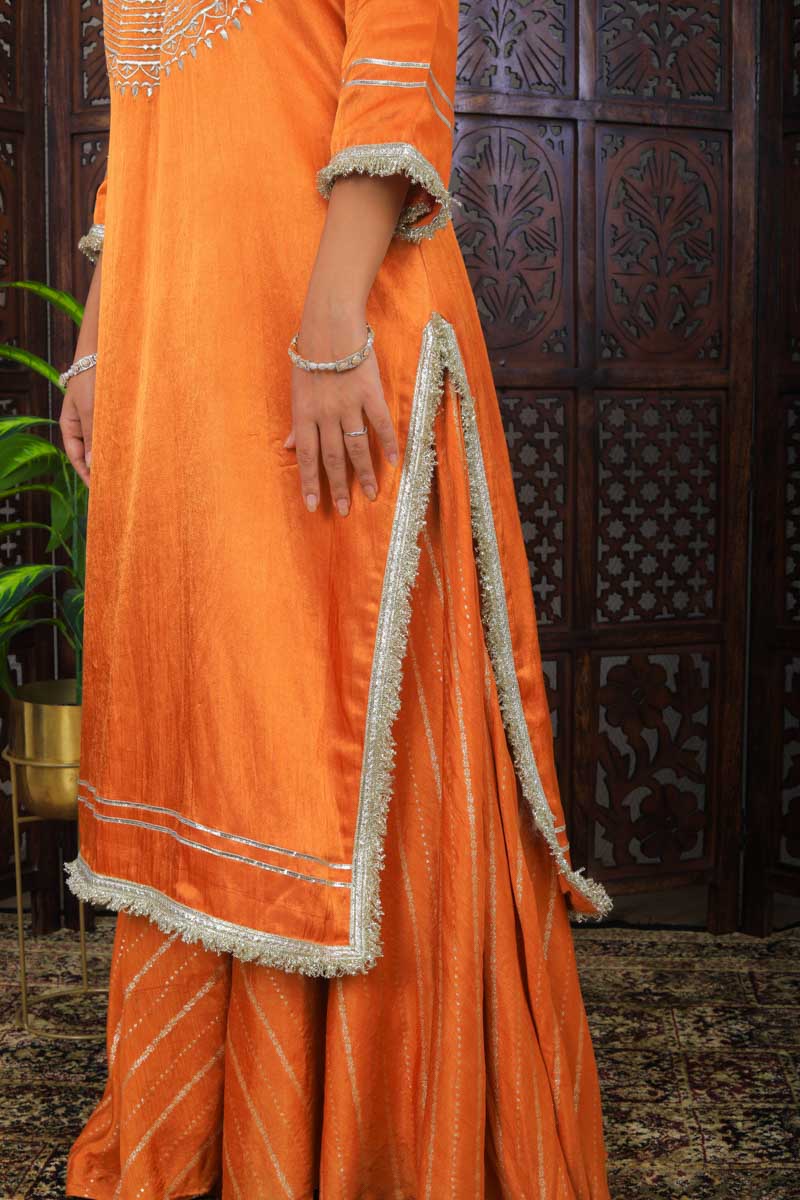 Orange Long Indian Traditional Kurta Set with a hand embroidery for women