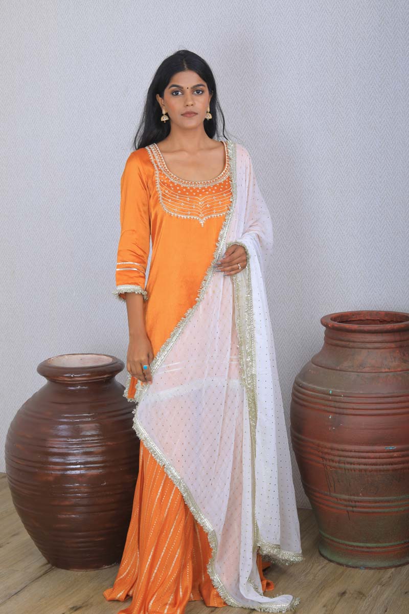 Orange Strappy Indian Traditional Short Kurta set with a hand embroidery
