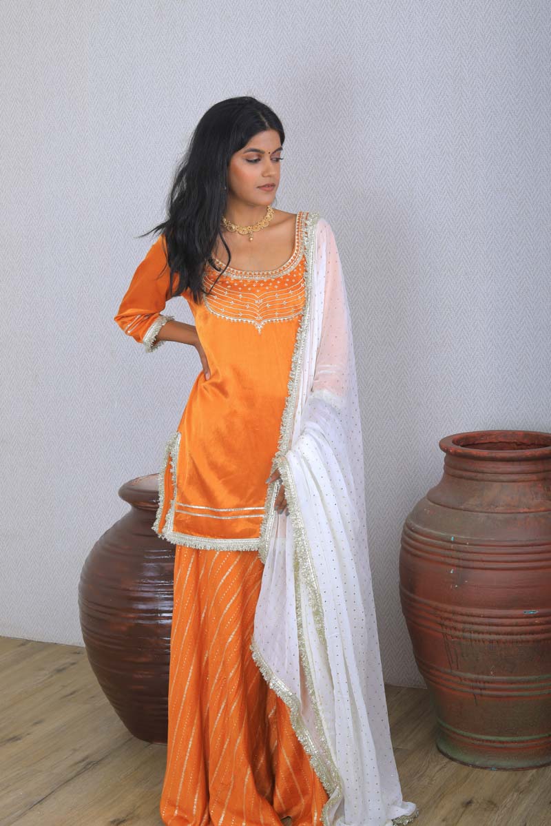 Orange Short Indian Traditional Kurta Set with a orange strappy palazzo