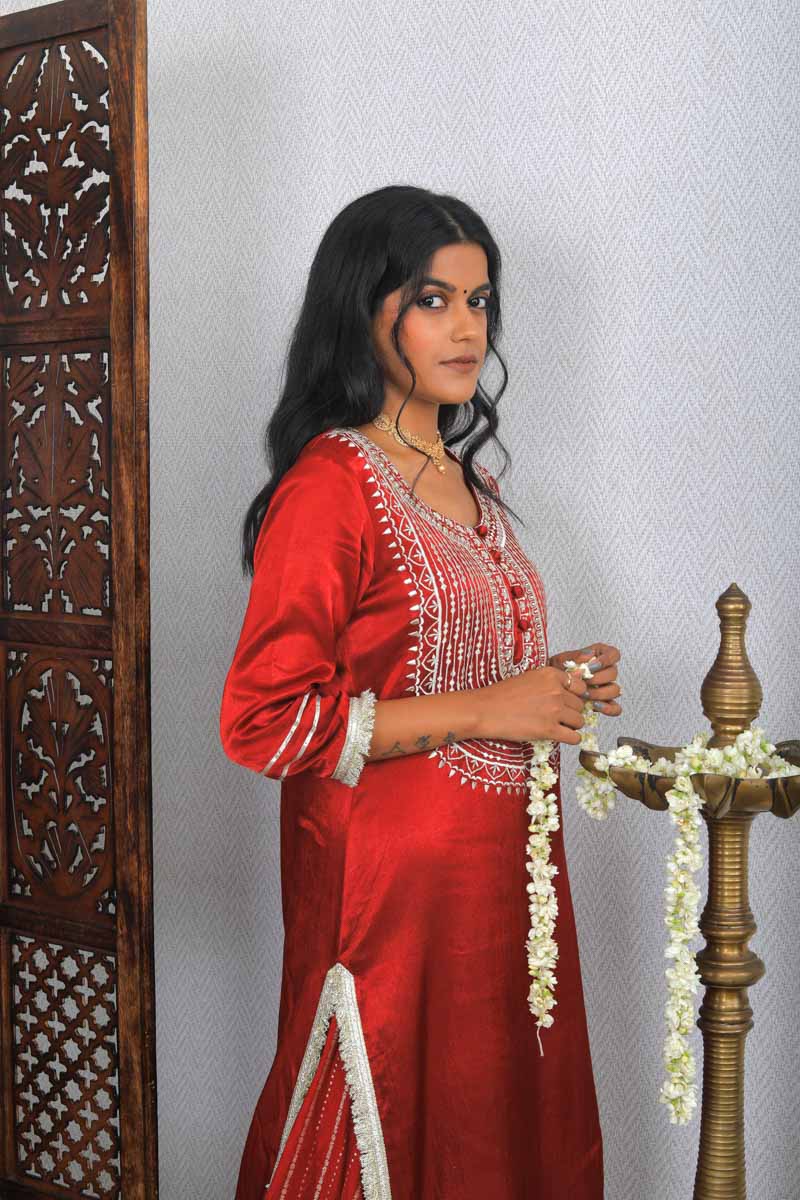 Maroon Long Indian Traditional Kurta Set with a hand embroidery for women from the side