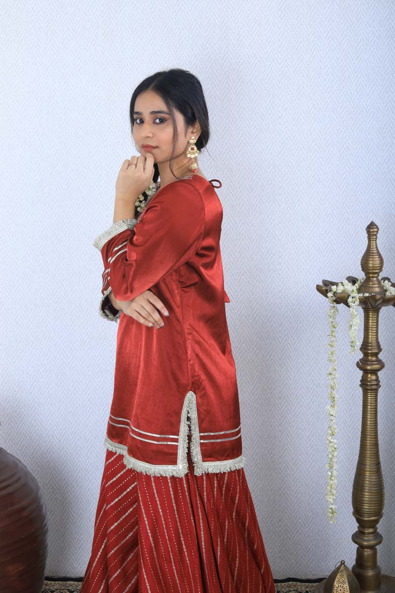 Maroon Strappy Indian Traditional Short Kurta set with a hand embroidery