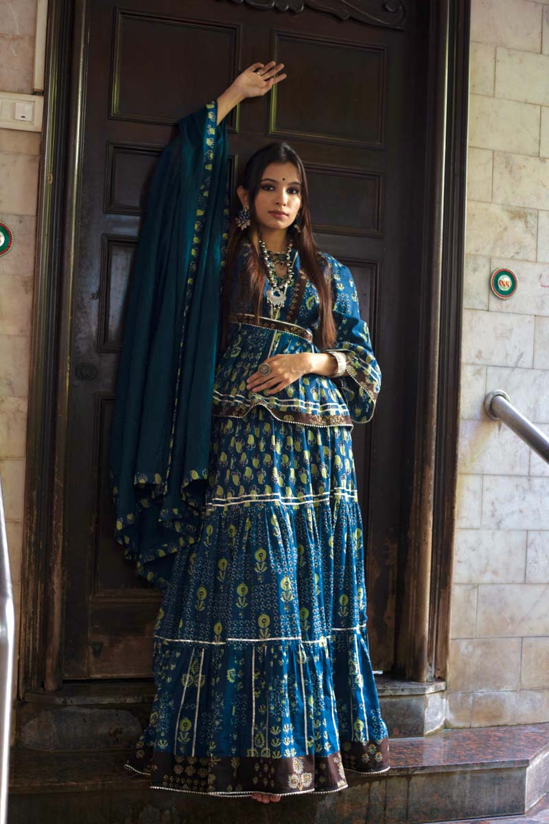 Payal, a blue long kurti with hand block desgin fabric