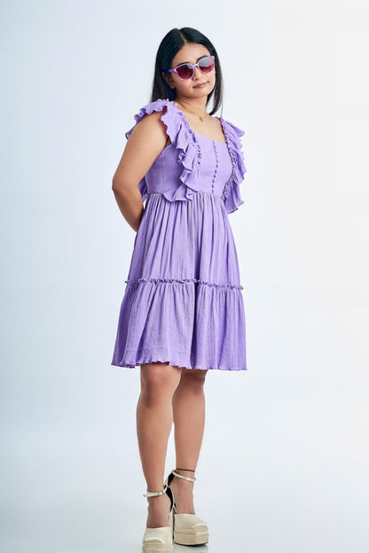 Women wearing a Ruffled Lavender Dress with glasses