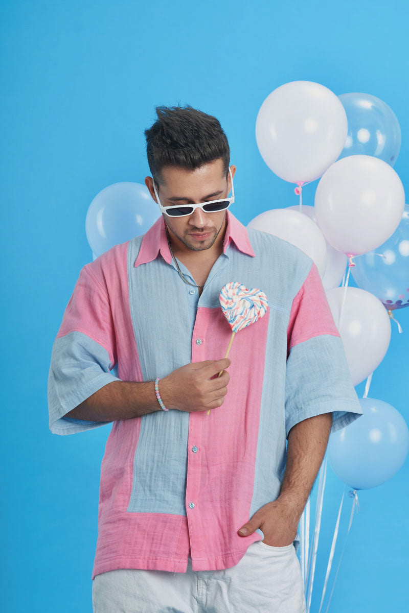 Unisex Loungewear Oversized Shirt with patch fabrics of Pink and Blue