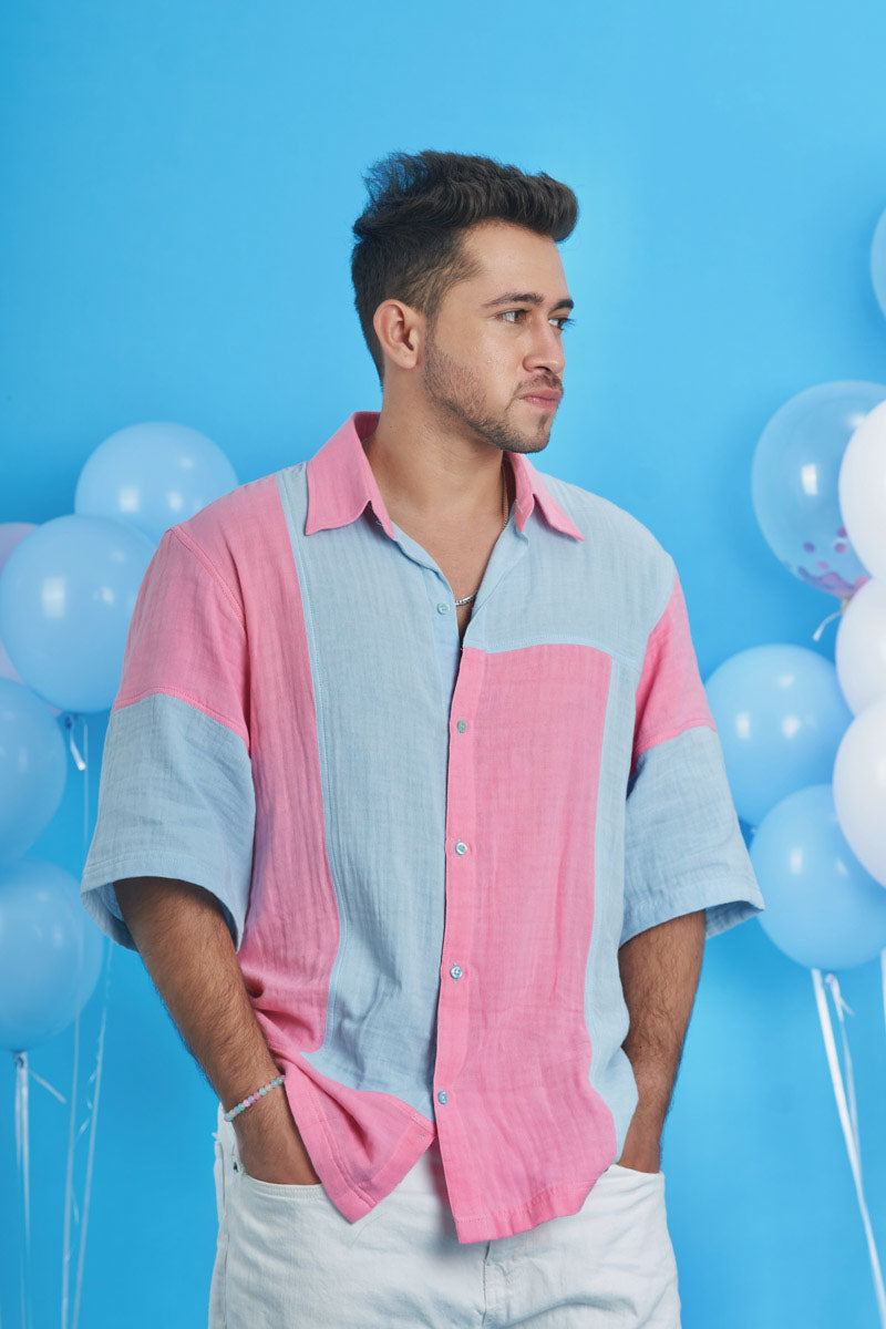 Loungewear Oversized Shirt with patch fabrics of Pink and Blue