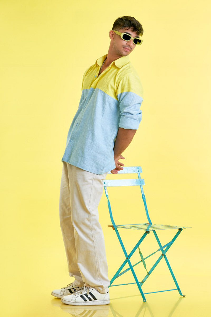 Full loungewear shirt with yellow and blue patchwork
